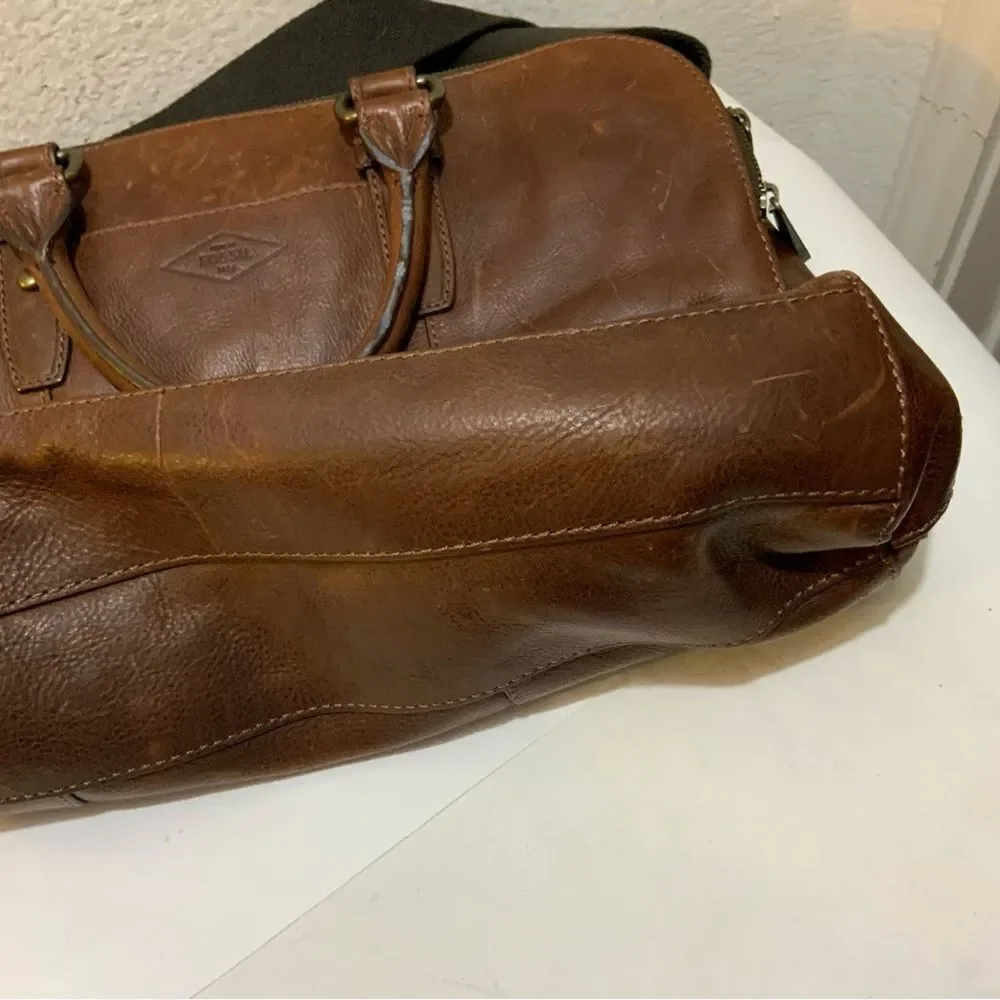 Fossil Briefcase Mens Brown Leather Bag Laptop Messenger